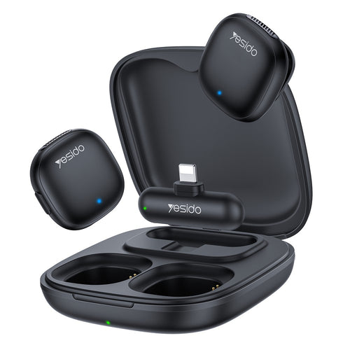 Microfon Yesido (2 pack) Microfoane lavaliera wireless (KR20), 3in1 Receiver, Lightning, AI Reducere zgomot, 2.4GHz, negru