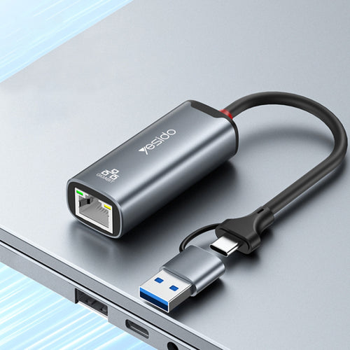 Adaptor Yesido Ethernet Adapter (HB26), USB, Type-C to RJ45, pentru Windows, Macos, Linux, 1000Mbps, Gri