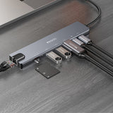 Hub USB Yesido Docking station 8in1 (HB27), Type-C to 2x USB, 2x USB-C, HDMI, RJ45, TF/SD, PD100W, Incarcare rapida, 4K@30Hz, gri