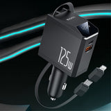 Incarcator auto Yesido 4in1 Incarcator auto (Y71), cu Type-C Retractabil Cable + Lightning Adapter, Dual Port USB-A + Type-C, 125W, Afisaj LED, negru