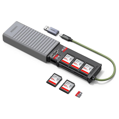 Cititor de carduri UGREEN Card Reader CM856 (55899), USB/Type-C to 6x SD, 2x TF, 1x Nano SIM, cu Memory Box, 170MB/s, Integrat Cable, gri