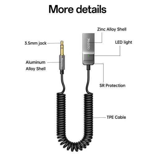 Cablu audio Yesido Cablu audio (YAU82), Bluetooth Car Player, USB to Jack 3.5mm, Coil Design, Nylon Braided, 1.4m, negru