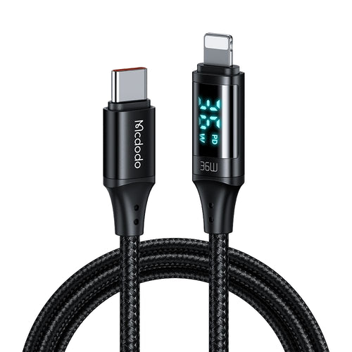 Cablu Mcdodo de date (CA-1030), Type-C to Lightning, cu Afisaj digital, Nylon Braided, Aliaj aluminiu, 36W, 1.2m, negru