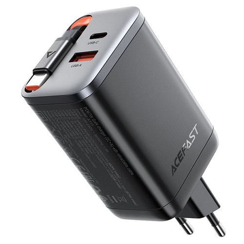 Incarcator retea Acefast (A111), cu Retractabil Cable, Incarcare rapida, GaN, 2x Type-C, USB, 67W, 3A, 65cm, negru