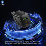 Incarcator retea Lito (LC25T), cu Type-C Cable Included, 2x Type-C, USB Output, PD65W, GaN, PC Fireproof, EU Plug, negru
