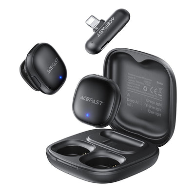 Microfon Acefast Microfoane lavaliera wireless (R1), Lightning, HD 360°Sound, AI Reducere zgomot, 750mAh, Ultra-low Latency, negru