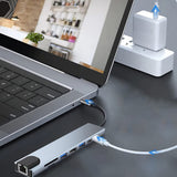 Hub USB Techsuit Docking station NetBridge 8 in 1 (H2), Type-C to 2x Type-C, 2x USB, HDMI, RJ45, TF/SD, 4K@30Hz, PD87W, gri