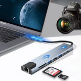 Hub USB Techsuit Docking station NetBridge 8 in 1 (H2), Type-C to 2x Type-C, 2x USB, HDMI, RJ45, TF/SD, 4K@30Hz, PD87W, gri