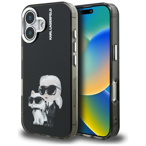Husa pentru iPhone 16, Karl Lagerfeld IML Aquarelle Karl & Choupette (KLHCP16SHMKCAQK), bleu