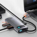 Hub USB Baseus Docking station Metal Glam (Cahub-CY0G), Type-C to 2x USB, Type-C, HDMI, 4K@30 Hz, PD100W, gri