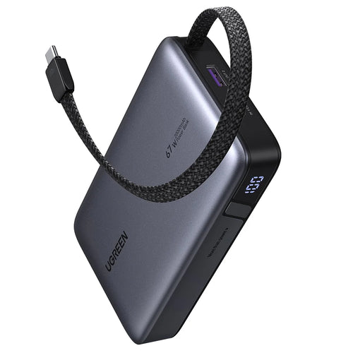 Baterie externa UGREEN PB550 (55996B), Incarcare rapida, Afisaj digital, USB, Type-C, Integrat USB-C Cable, 67W, 20000mAh, gri