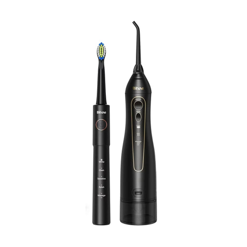 Periuta de dinti electrica Bitvae dinti electrica (E11) + Irigator oral (F5020E), Ultrasonic, 2x4 Heads, 5 Brush Modes, 3 Irrigate Modes, negru