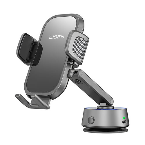 Suport auto Lisen A680 (YL0225010007), pentru Bord, Birou, Electric Ventuza, 360A° Rotatie, Clema Brat, 130mAh, negru