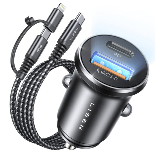 Incarcator auto Lisen (YL0223080035), USB, Type-C, cu 3in1 Type-C/Lightning to Type-C Cable, 12V/24V, negru