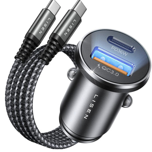 Incarcator auto Lisen (YL0223080047), USB, Type-C, cu Type-C Armor Cable, 12V=24V, negru