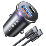 Incarcator auto Lisen (YL0223110003), cu Type-C Braided Cable, USB, USB-C, PD65W, QC3.0, 12V=24V, Aliaj aluminiu, argintiu