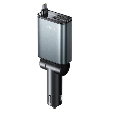 Incarcator auto Lisen (YL0325010016), 3in1, cu Type-C Retractabil Cable, 57W, Aliaj aluminiu, 12V/24V, negru