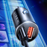 Incarcator auto Lisen (YL0223110003), cu Type-C Braided Cable, USB, USB-C, PD65W, QC3.0, 12V=24V, Aliaj aluminiu, argintiu
