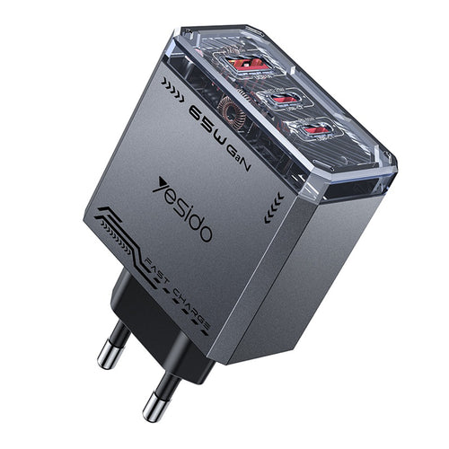 Incarcator retea Yesido Incarcator retea (YC101), USB, 2x Type-C, GaN, Incarcare rapida, 65W, 5V/3A, CE, FCC, Rohs, VO, negru