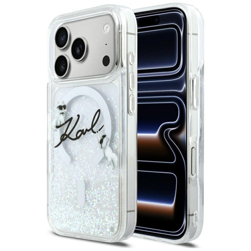 Husa pentru iPhone 17 Pro, Karl Lagerfeld Glitter Karl Script Logo MagSafe (KLHMP17L6LKSCAMT), transparenta