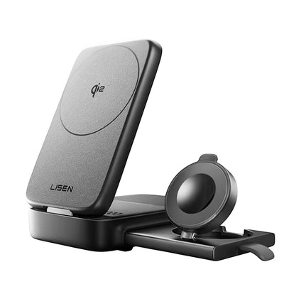 Incarcator wireless Lisen W106 (YL0424120009), cu Incarcator retea, MagSafe, Incarcare rapida, 3in1, Qi2, Pliabil, 15W, gri