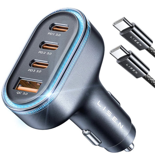Incarcator auto Lisen (YL0223120021), cu Type-C Cable, USB, 3x Type-C, 101W, Incarcare rapida, 12V=24V, negru
