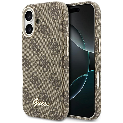 Husa pentru iPhone 17, Guess 4G Script MagSafe (GUHMP17S5P4FWMSW), maro
