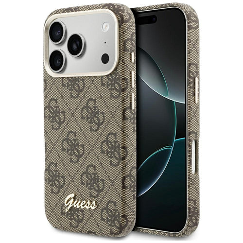 Husa pentru iPhone 17 Pro, Guess 4G Script MagSafe (GUHMP17L5P4FWMSW), maro
