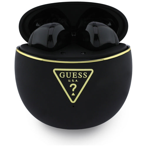 Casti wireless Guess Script Print (GUTWSA15HETK), In-ear, Bluetooth, TWS, Small Round Design, negru