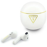 Casti wireless Guess Script Print (GUTWSA15HETH), In-ear, Bluetooth, TWS, Small Round Design, alb