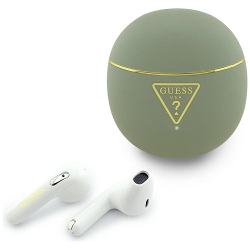 Casti wireless Guess Script Print (GUTWSA15HETN), In-Ear, Bluetooth, TWS, Small Round Design, kaki