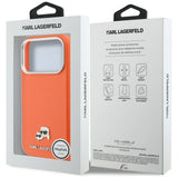 Husa pentru iPhone 17 Pro, Karl Lagerfeld Karl & Choupette Head Pin Saffiano MagSafe (KLHMP17L6PFKCLO), portocaliu