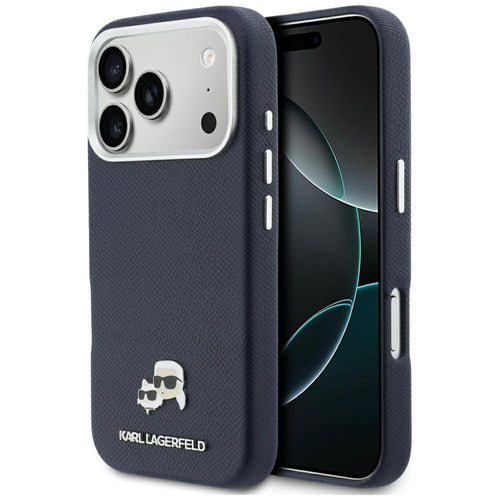 Husa pentru iPhone 17 Pro Max, Karl Lagerfeld Karl & Choupette Head Pin Saffiano MagSafe (KLHMP17X6PFKCLB), bleu