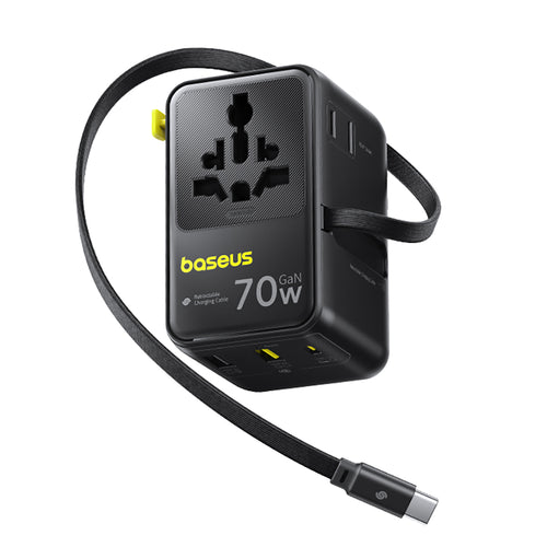 Adaptor pentru Calatorie Baseus Enercore CG11 (E0307E00), cu Retractabil Type-C Cable, Gan6, 2x AC, 2x USB, USB-C, 70W, Negru