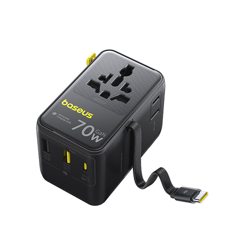 Adaptor pentru Calatorie Baseus Enercore CG11 (E0307E00), cu Retractabil Type-C Cable, Gan6, 2x AC, 2x USB, USB-C, 70W, Negru