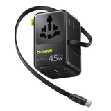 Adaptor pentru Calatorie Baseus Picogo AG11 (E0307F00), cu Retractabil Type-C Cable, 2x AC, 2x USB, USB-C, 45W, Universal, Negru