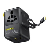 Adaptor pentru Calatorie Baseus Picogo AG11 (E0307F00), cu Retractabil Type-C Cable, 2x AC, 2x USB, USB-C, 45W, Universal, Negru