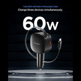 Incarcator auto Spigen Essential EV603BT (ACP10515), 3in1, USB, 2x Type-C, Integrat Retractabil Cable, Incarcare rapida, 60W, 72cm, negru
