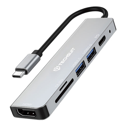 Hub USB Techsuit Docking station TurboChargeX 6 in 1 (H5), Type-C to 2x USB, Type-C, HDMI, TF/SD Card, PD100W, 4K@30Hz, gri