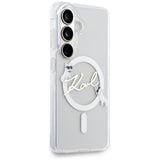 Husa pentru Samsung Galaxy S26, Karl Lagerfeld IML Choupette Karl Script Logo MagSafe (KLHMS26S5HKSCAH), alb