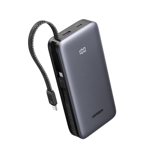 Baterie externa UGREEN PB528 (55985B), 2x Integrat Cables, Incarcare rapida, Afisaj digital, USB, Type-C, 30W, 20000mAh, gri