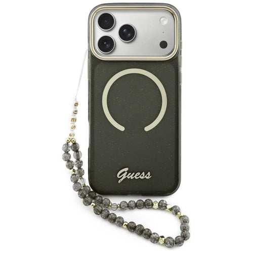 Husa pentru iPhone 17 Pro Max, Guess IML Glitter Script Strap MagSafe (GUHMP17X5HTGSMSK), negru