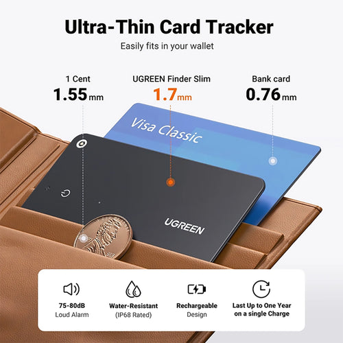 Dispozitiv anti-pierdere UGREEN Smart Tracker CM817 (45298), Apple Find My (iOS Only), BT 5.0, IP68, Ultra-Thin, 80dB, 12-Month Battery, negru