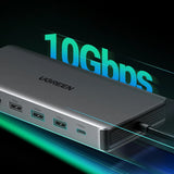 Hub USB UGREEN CM681 (15978), USB-C to 2x HDMI, 4x USB, DP, RJ45, SD/TF, 3.5mm Jack, DC, PD100W, 10Gbps, gri