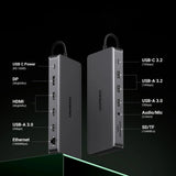 Hub USB UGREEN CM681 (15978), USB-C to 2x HDMI, 4x USB, DP, RJ45, SD/TF, 3.5mm Jack, DC, PD100W, 10Gbps, gri