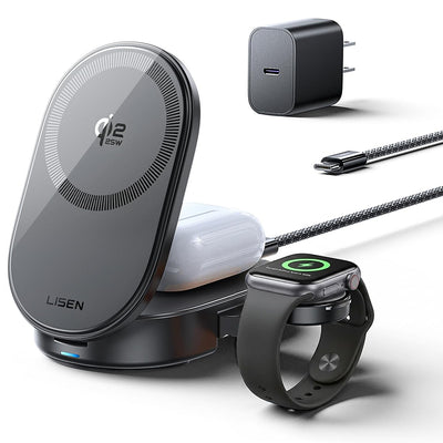 Incarcator wireless Lisen W121 3-in-1 (YL0325080017), cu 45W Adapter, Incarcare rapida, MagSafe 25W, Qi2.2, negru