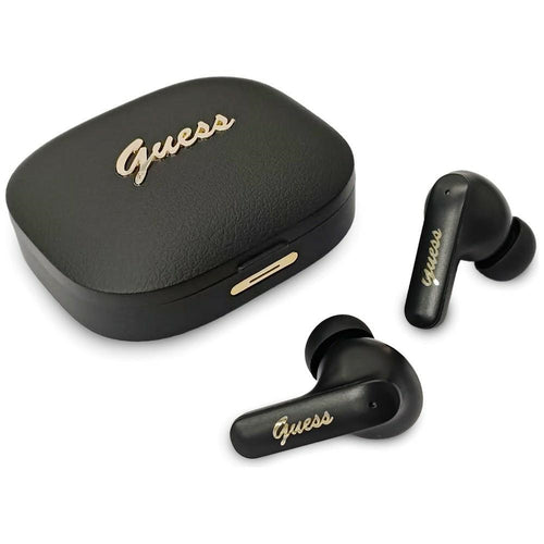 Casti wireless Guess Script Metal Logo (GUTWSX45PGSK), Bluetooth V5.4, TWS, cu Microfon, Type-C, 400mAh, negru