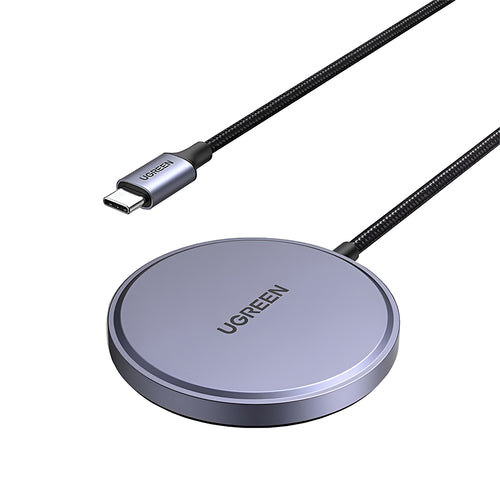 Incarcator wireless UGREEN Magnetic W703 (55206), Incarcare rapida, Universal, Qi2, 15W, 360°, Integrat Type-C Cable, 1.5m, gri