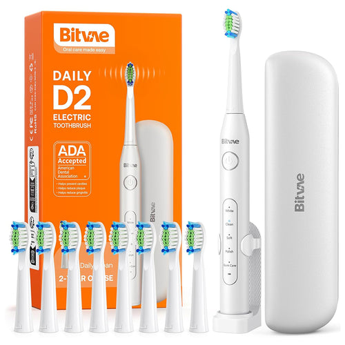 Periuta de dinti electrica Bitvae dinti electrica Daily (D2), Ultrasonic, 8 Heads, Case, Timer, 5 Modes, W-shape Bristles, Reincarcabil, alb