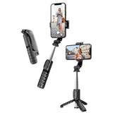 Selfie stick Techsuit Mini (Q11), Stable Tripod cu Bluetooth Telecomanda, 360 Rotation, Stainless Steel, 74cm, negru